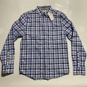 NEW Mens Size S Flag & Anthem Long Sleeve Button Front Shirt Cotton Blue Plaid